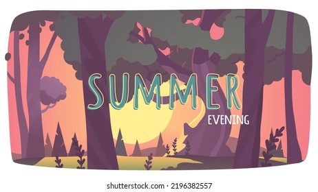 Summer season forest nature background with trees. Empty landscape with trees plants trunks, green meadow grass. Wood botany, beautiful park environment, woodland wilderness flat vector illustration