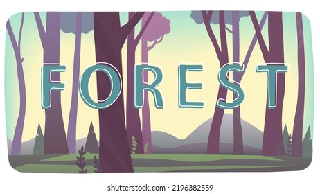 Summer season forest nature background with trees. Empty landscape with pines plants trunks, green meadow grass. Wood botany, beautiful park environment, woodland wilderness flat vector illustration