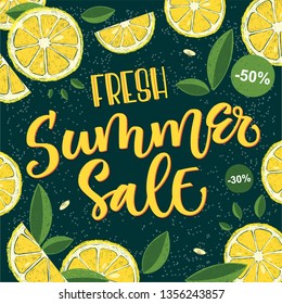 Summer season - Fresh Summer Sale - social media banner, card, poster template. Hand writed calligraphy colorful design with lemon fruit and leafs design.