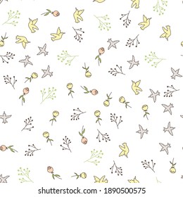 Summer season fresh and tender vector seamless pattern composed of flowers and birds chaotic version