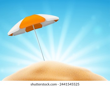 Diversión de la temporada de verano, playa vacía con sombrilla que protege de la luz del sol. Vector de fondo con cielo y caminos, paraguas desnudo. Vacaciones y descanso en la costa, vibraciones exóticas y relax en la costa