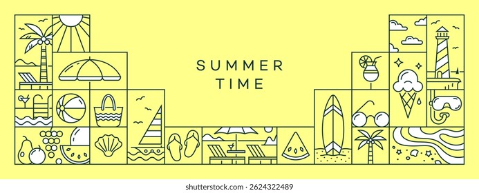 Summer season geometric background layout with icons. Trendy design for banner, card, cover, poster. Vector illustration in minimalistic line style.