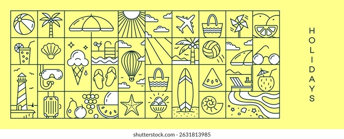 Layout de plano de fundo geométrico da estação de verão com ícones. Design moderno para banner, cartão, capa, cartaz. Ilustração vetorial em estilo de linha minimalista.