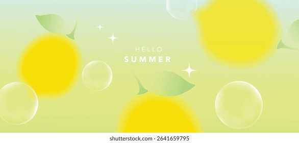 Summer season gradient fruit art background vector. Modern wallpaper design with lemon, bubble. Illustration design for social media, print, cover, banner, backdrop, packaging, ads.