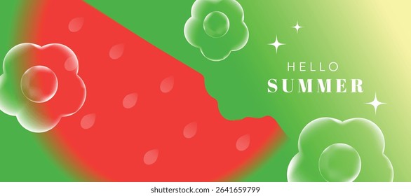 Summer season gradient fruit art background vector. Modern wallpaper design with watermelon, bubble flower. Illustration design for social media, print, cover, banner, backdrop, packaging, ads.