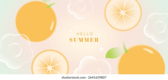 Summer season gradient fruit art background vector. Modern wallpaper design with orange, bubble flower. Illustration design for social media, print, cover, banner, backdrop, packaging, ads.