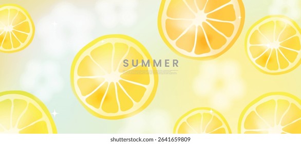 Summer season gradient futuristic art background vector. Modern wallpaper design with lemon. Illustration design for social media, print, cover, banner, backdrop, packaging, ads.