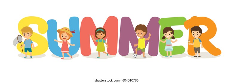 Summer season Happy kids boys and girls. Flat cartoon vector illustration