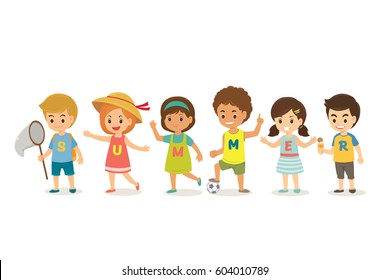 Temporada de verano Niños y niñas felices. Ilustración vectorial de caricatura plana