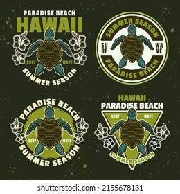 Summer season, hawaii paradise beach set of vector emblems, labels, badges or logos in colored style with sea turtle top view on dark background