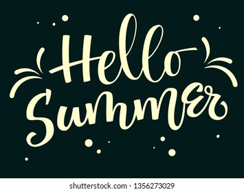 Summer season - Hello Summer - colorful handwrite calligraphy smm banner, card, print design, logo. Bright text on flowers, tropical leafs, lemon fruits elements background.