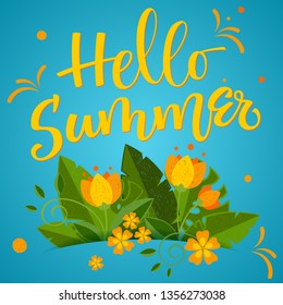 Summer season - Hello Summer - colorful handwrite calligraphy smm banner, card, print design, logo. Bright text on flowers, tropical leafs, lemon fruits elements background.