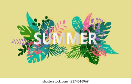 Summer season holiday background with paper cut tropical leaves.Vector paper cut style.