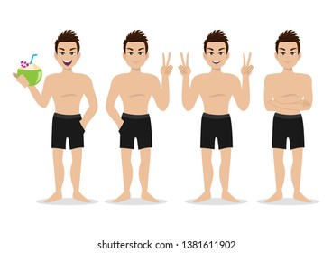 Summer season holiday. Cartoon character on the beach , Handsome man with swimming pant and activities design vector