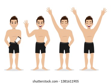 Summer season holiday. Cartoon character on the beach , Handsome man with swimming pant and activities design vector