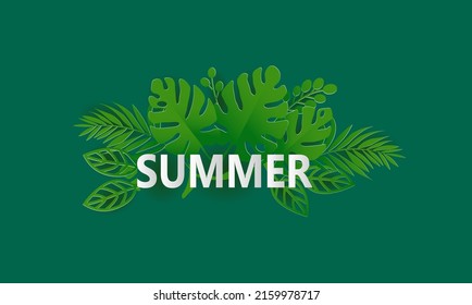 Summer season holiday design with paper cut tropical leaves.Vector paper cut style.