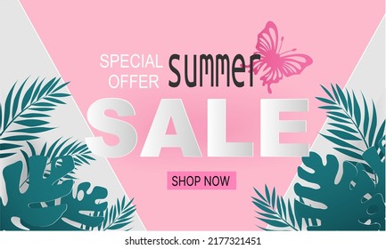 Summer season holiday design with paper cut tropical leaves.Vector paper cut style.