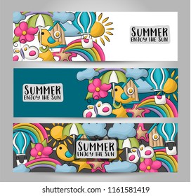 Summer season horizontal banner set on isolated background. Header design for sale, offer, discount, coupon.  Line art vector illustration.