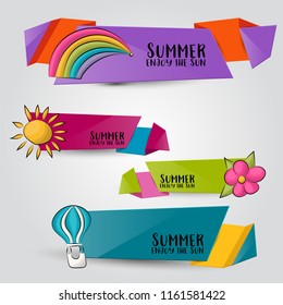 Summer season horizontal banner set on isolated background. Header label design for sale, offer, discount, coupon.  Line art vector illustration.