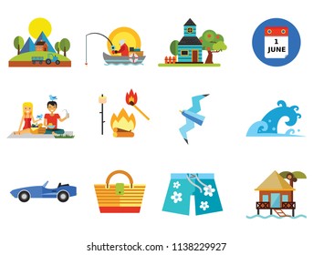 Summer Season Icon Set. First June Calendar Page Summer Tree Fishing Summer Cottage Hawaiian Shorts Summer Time Seagull Campfire Picnic Sea Wave Cabriolet Hotel On Water Beach Bag