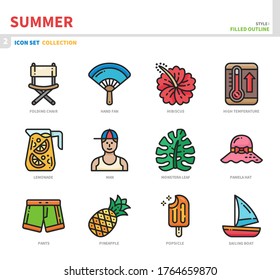 summer season icon set,filled outline style,vector and illustration