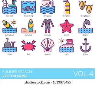 Summer season icons including pool float, scuba diving, mask, tank, flippers, surfing beach, surfboard, wet suit, starfish, dolphin, whale, crab, seashell, yacht, anchor.