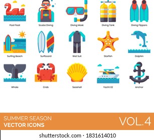 Summer season icons including pool float, scuba diving, mask, tank, flippers, surfing beach, surfboard, wet suit, starfish, dolphin, whale, crab, seashell, yacht, anchor.