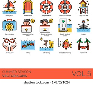 Summer season icons including sailing, rubber boat, lifeguard hut, job, seasonal worker, beach medical center, cruise, all inclusive, cliff diving, deep sea fishing, hammock.
