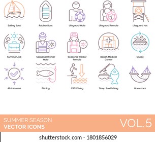 Summer season icons including sailing, rubber boat, lifeguard hut, job, seasonal worker, beach medical center, cruise, all inclusive, cliff diving, deep sea fishing, hammock.