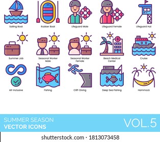 Summer season icons including sailing, rubber boat, lifeguard hut, job, seasonal worker, beach medical center, cruise, all inclusive, cliff diving, deep sea fishing, hammock.