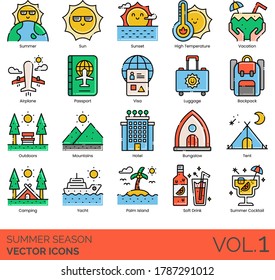 Summer season icons including sun, sunset, high temperature, vacation, airplane, passport, visa, luggage, backpack, outdoor, mountain, hotel, bungalow, tent, camping, yacht, palm island, cocktail.