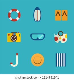 Summer season icons set with flat design style, summer beach party concept with elements. Vector illustration.