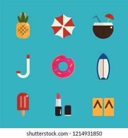 Summer season icons set with flat design style, summer beach party concept with elements. Vector illustration.