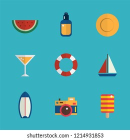 Summer season icons set with flat design style, summer beach party concept with elements. Vector illustration.
