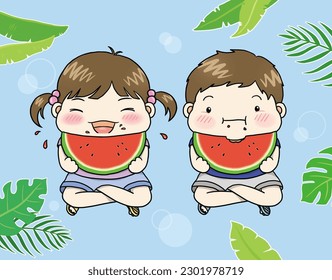 Summer season illustration of a child eating watermelon