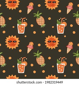 Summer season and item, drinks, sun, pineapple, ice-cream, cocktails, seamless pattern with dark color backgrounds 