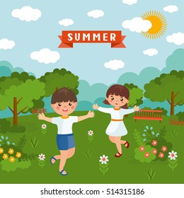 Summer season landscape. Beautiful nature, sunny meadow, blooming scenery. Happy children enjoy the summer. 