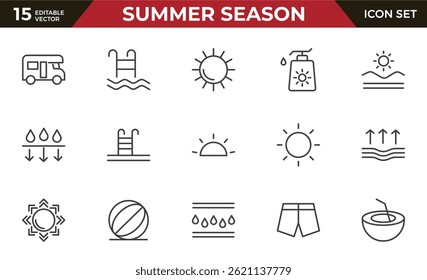 Summer season line icon set. Summer vacation icons for web and mobile app. Travel, beach, tourism, summer holidays, hotel, relax, beach, luggage, passport, sunglasses.