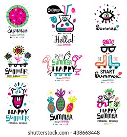 Summer season the logo and illustrations. Summer greetings - handmade color illustrations and drawings