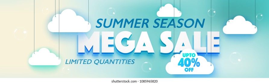 Summer Season, Mega Sale, Web Banner or Header Design with hanging clouds on skyblue background.