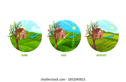 Summer Season Months with Nature Landscape Vector Set