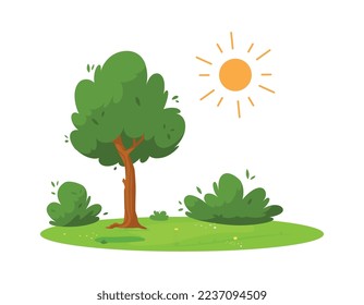 Summer season nature decorative banner design, flat vector illustration isolated on white background. Summer nature and seasonal landscape with tree and sun.