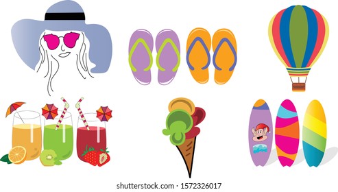 Summer season objects presented in colorful patterns 