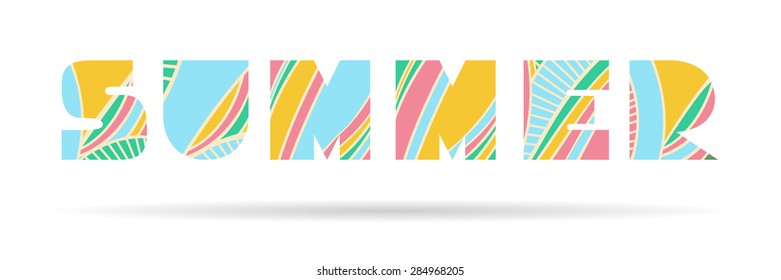 Summer season ornate title. Season of year word title with abstract striped pattern. Fancy multicolored capital letters, schematic shapes. Isolated on white background. Vector file is EPS8.