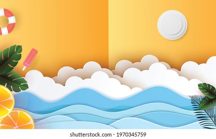 summer season paper art vector illustation holiday travel sea and sun background for website design template yellow 