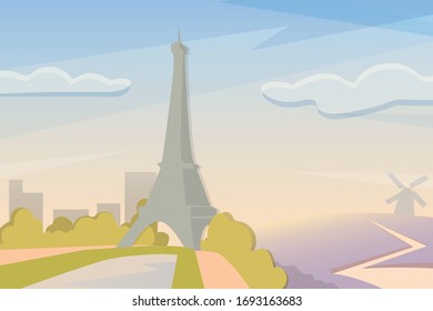 Summer season in Paris. Vector flat illustration of cityscape with Eiffel tower and windmill with lavender fields . Travel to France design.