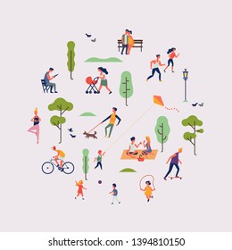 Summer season park or weekend in nature themed design round shaped vector element with people walking, riding and relaxing outdoors