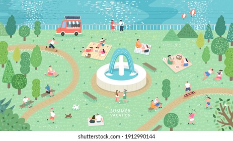 Summer season park zone with people. People have picnic in park. People sits on green grass, eats on picnic, spend summer weekend outdoors.
