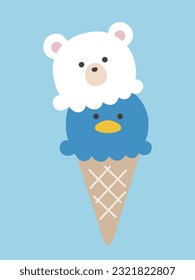 Summer season polar bear and penguin cute ice cream vector illustration