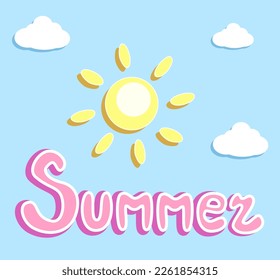 Summer season poster with sea, sun, clouds and Summer word in hand written lettering style, vector summer poster, cartoon banner.